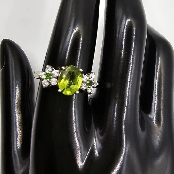 Natural Peridot Ring Diopside CZ S925 Size 10 Floral Ring